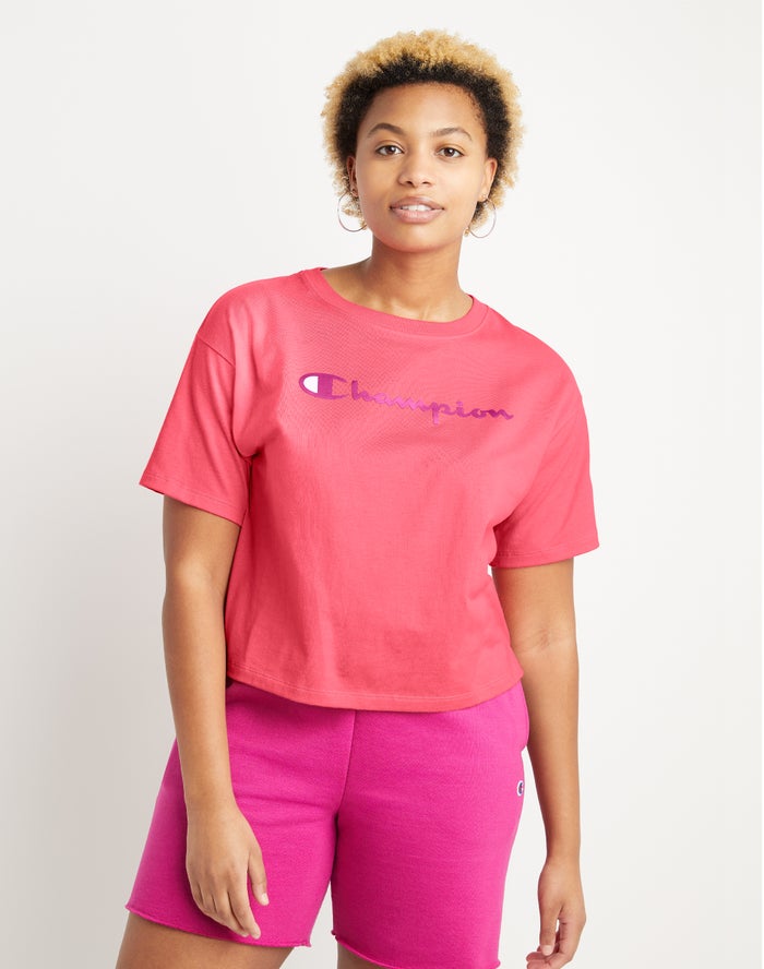 Champion Dame T-Shirts Koral - Cropped Script Logo - Danmark PSW-467935